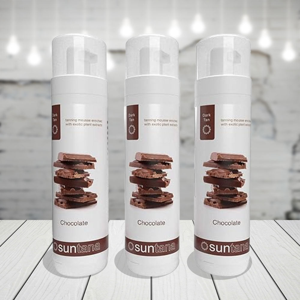 Three bottles of Suntana chocolate tanning mousse.
