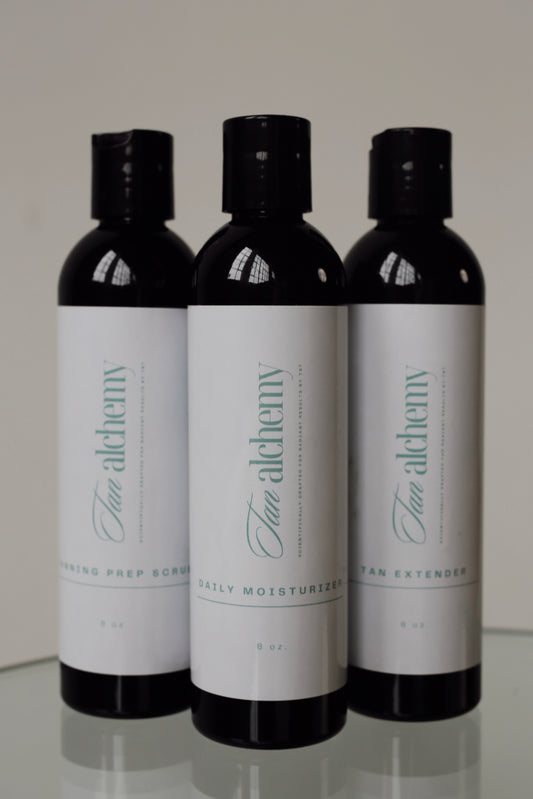 Yum'e Tan Alchemy Body Care Set - 3 bottle (prep, moisturizer, DHA glow lotion - 8 oz each)