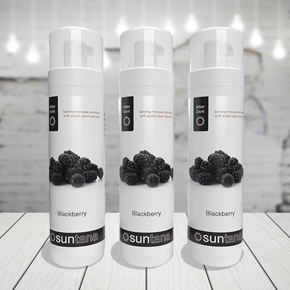 Three bottles of Suntana blackberry tanning mousse.
