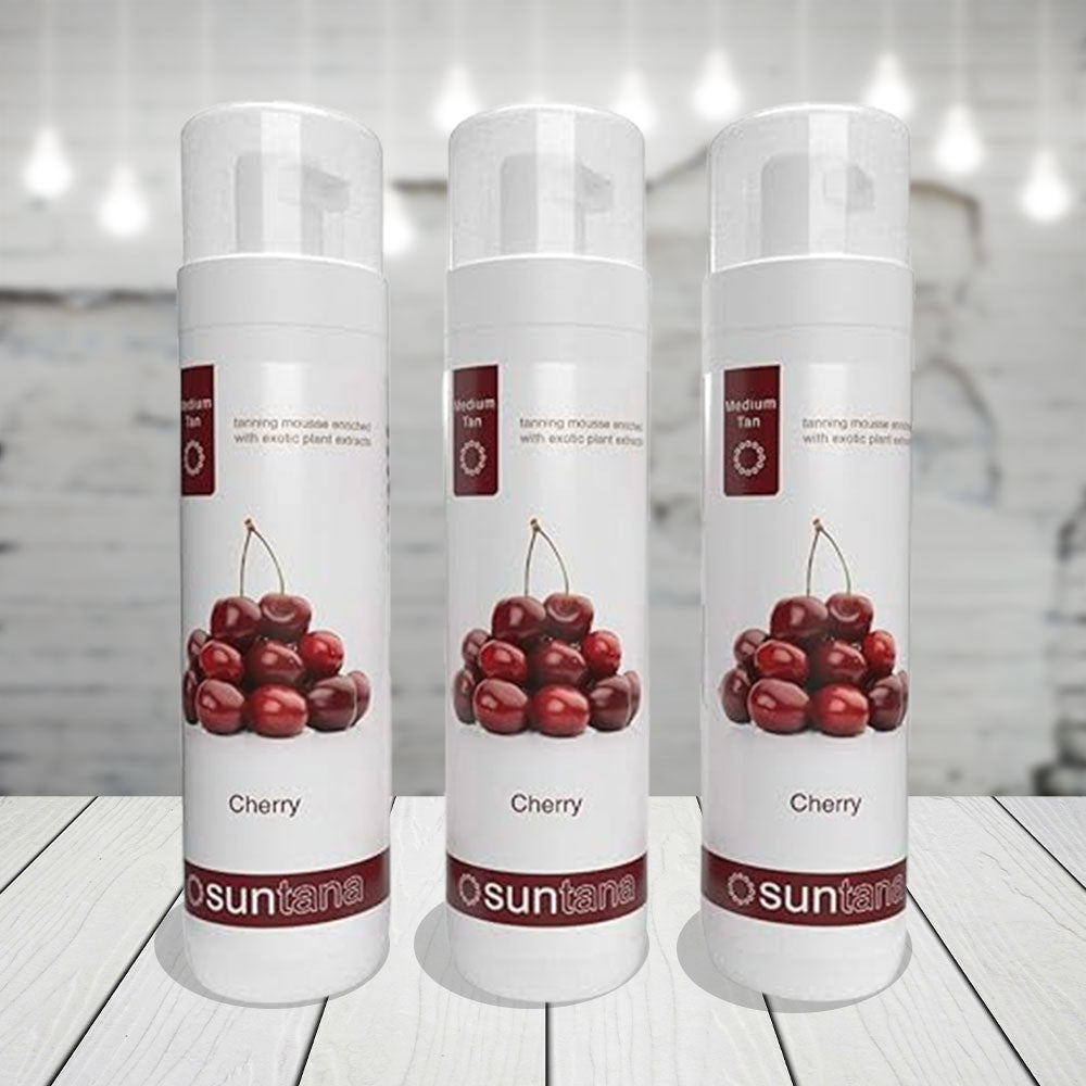 Three bottles of Suntana Cherry tanning mousse.