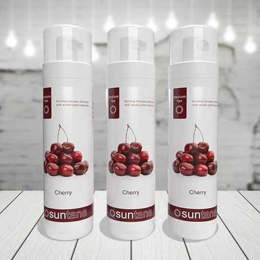 Three bottles of Suntana Cherry tanning mousse.