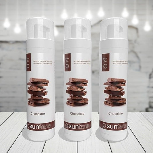 Three bottles of Suntana chocolate tanning mousse.