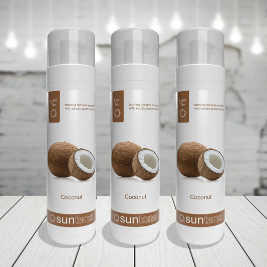 Three bottles of Suntana coconut tanning mousse.