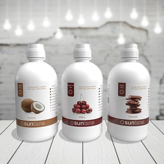 Three bottles of Suntana tanning solutions