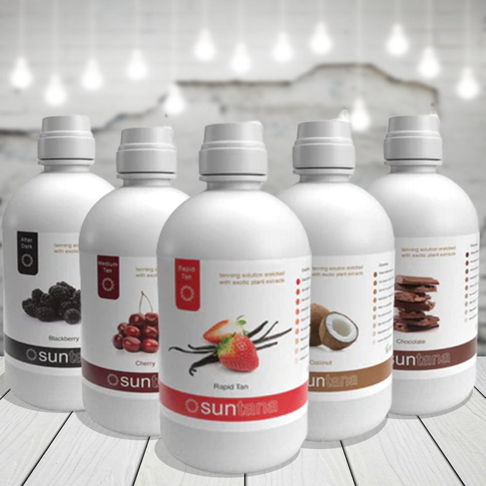 Five bottles of Suntana 32oz tanning solutions.