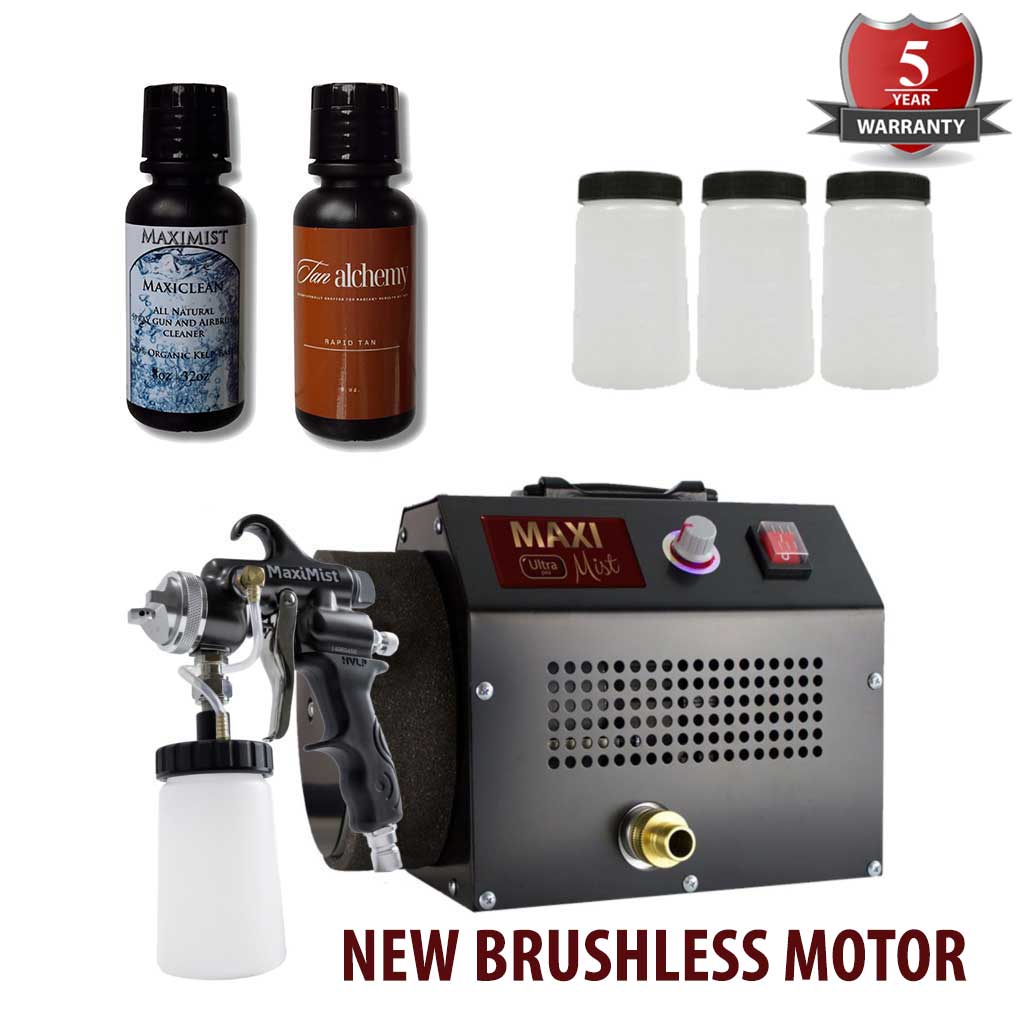 Maximist New Elite Pro Brushless Spray Tanning System spray gun with bottles and solution, featuring a 5-year warranty.