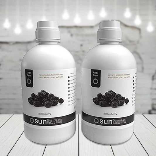 Two bottles of Suntana Blackberry tanning solution.