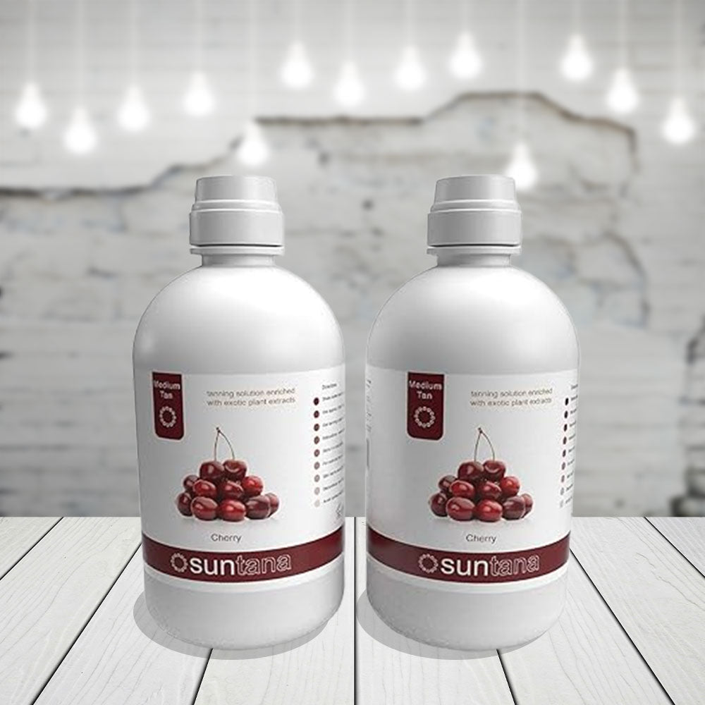 Two bottles of Suntana Cherry tanning product .