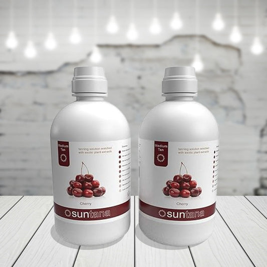 Two bottles of Suntana Cherry tanning product .